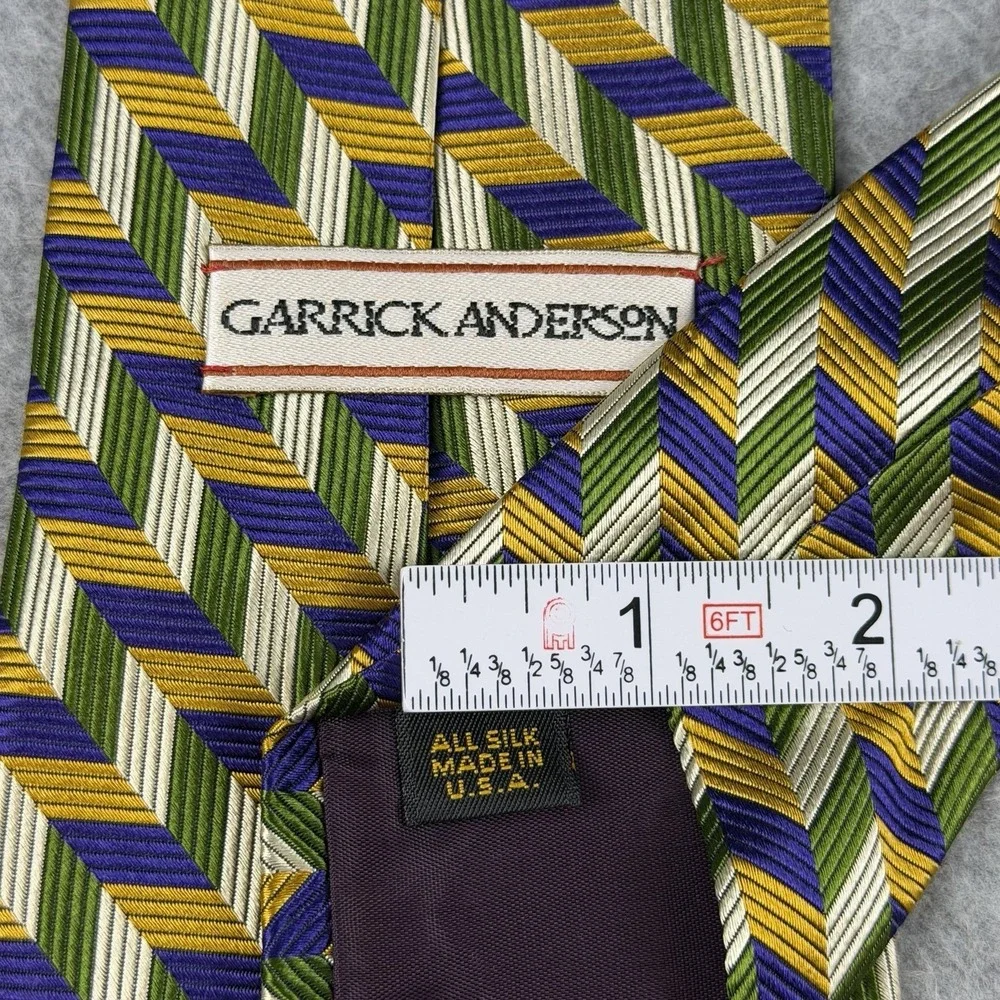 Vintage Garrick Anderson Silk Tie‎ Purple Gold Green Herringbone USA 58x4